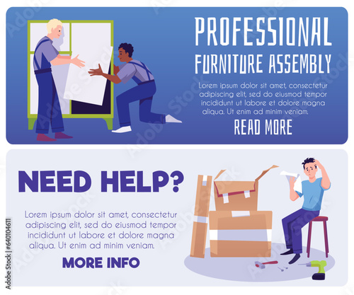 Professional furniture assembly service vector flyers set, workers assembling dresser, man need help with instruction