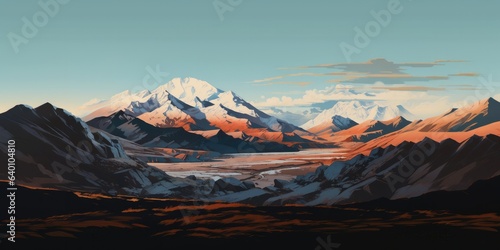 Mountain landscape with snow-capped peaks at sunset. 3d render © Faith Stock