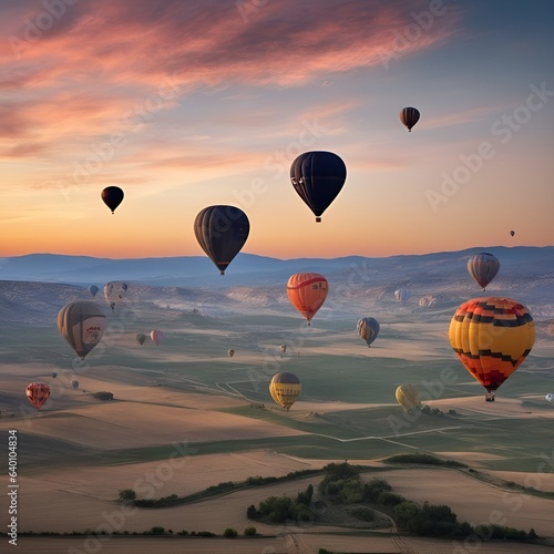 travel and inspiration, hot air ballons in Turkey flying at sunrise sky