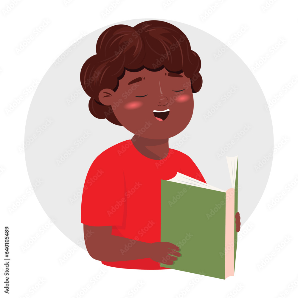 Happy black boy reading a green book. Education, reading concept. Vector cartoon illustration. Happy black boy reading a green book. Education, reading concept. Vector cartoon illustration.