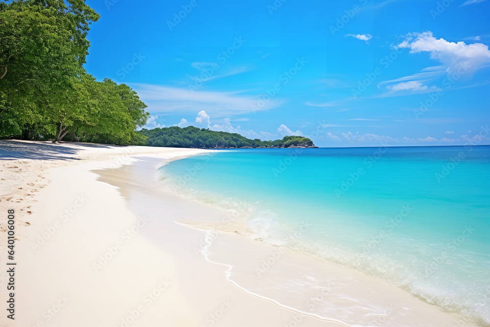 A secluded beach with crystal-clear blue waters and white sand.