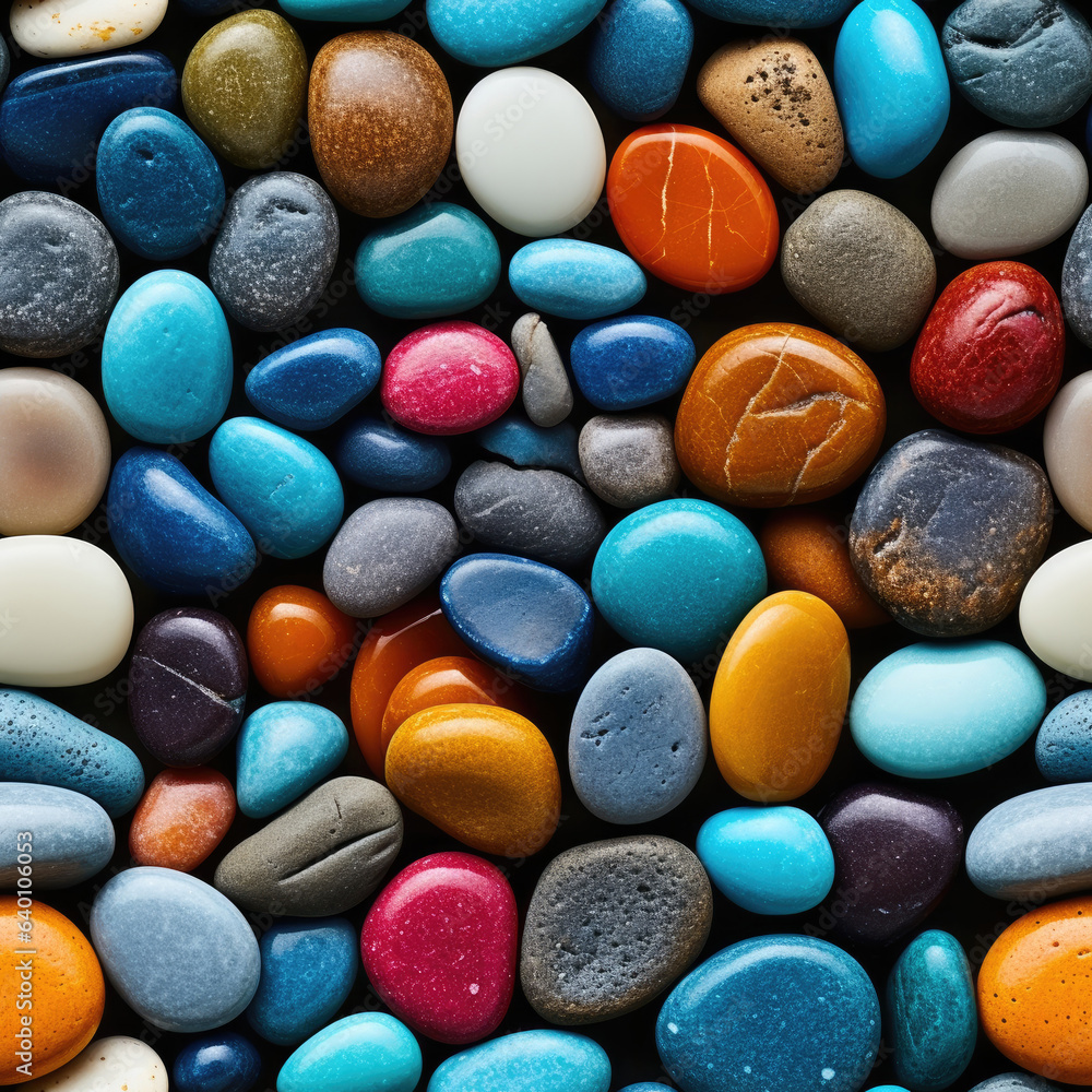 Colorful pebbles seamless pattern, top view. Flat lay. created by generative AI technology. Colorful pebbles seamless pattern, top view. Flat lay. created by generative AI technology.