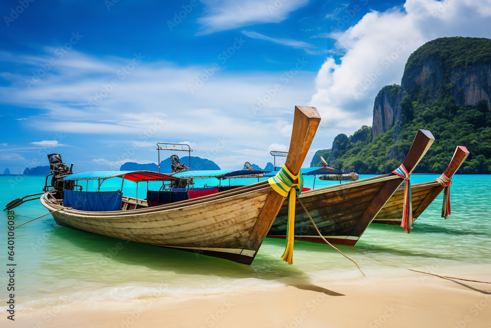 A tranquil row of colorful fishing boats on a Thai beach. A tranquil row of colorful fishing boats on a Thai beach.