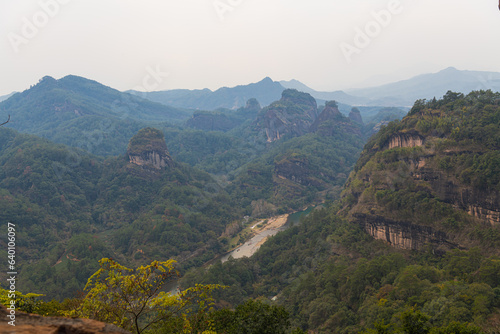 Wuyishan mountains in Fujian Province, China. Scenic view over the peaks of Wuyi