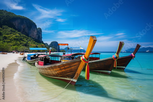 A tranquil row of colorful fishing boats on a Thai beach. © Nate
