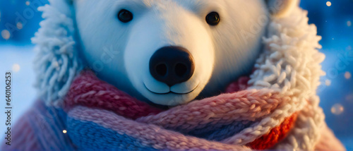Eisbär mit sehr buntem Schal um den Hals. 3d gerendertes Ki Poster