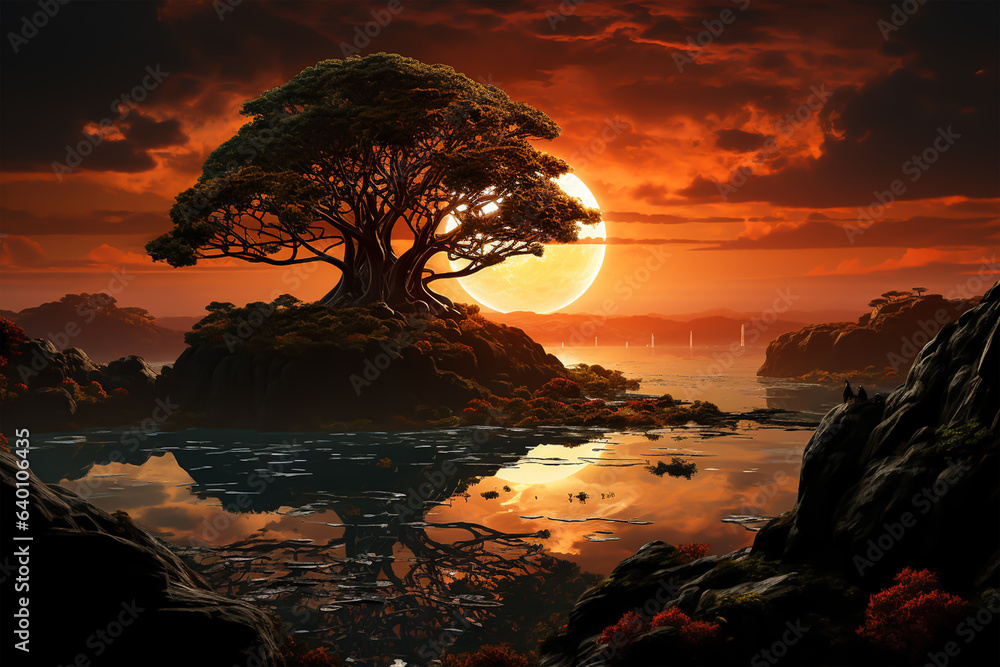 Beautiful illustration with the sunset or sunrise with the tree surrounded by water. Generative ai