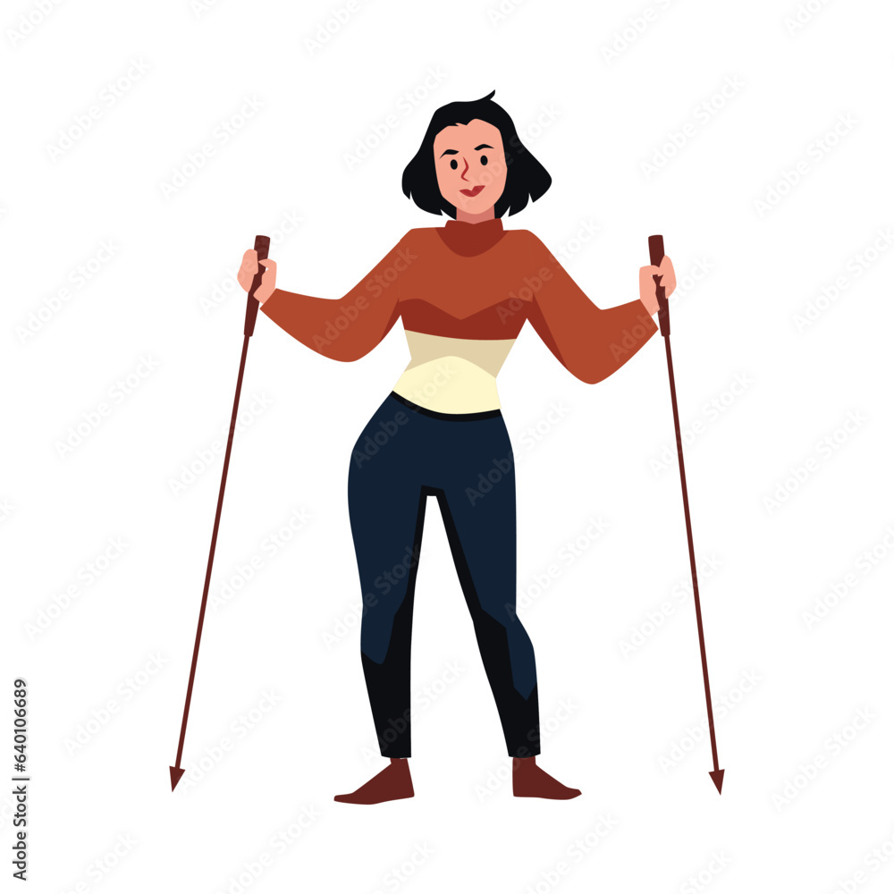 Fit woman with walking poles, flat vector illustration isolated on white background. Fit woman with walking poles, flat vector illustration isolated on white background.