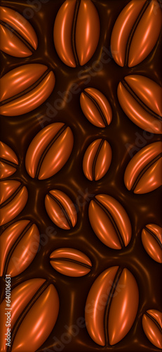 coffee beans background in 3D with orange and red lights