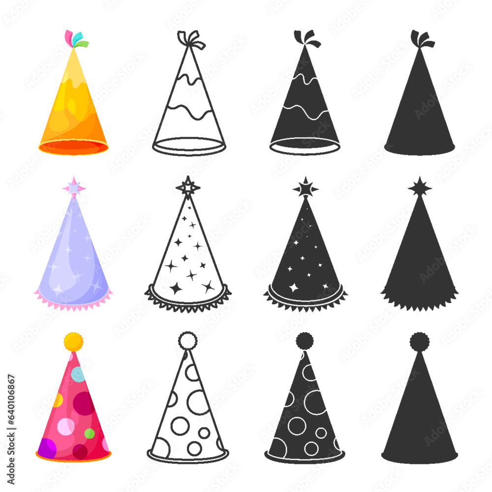 Holiday party cone cap hat triangle flat line glyph silhouette set. Editable stroke outline sticker colorful party headdress cartoon yellow purple wizard star magic red clown in dot fringe isolated Holiday party cone cap hat triangle flat line glyph silhouette set. Editable stroke outline sticker colorful party headdress cartoon yellow purple wizard star magic red clown in dot fringe isolated