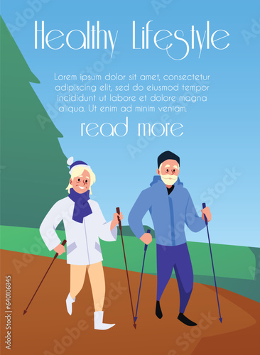 Active pensioners couple performing nordic walking with sticks in natural scenery, healthy lifestyle vector flat poster