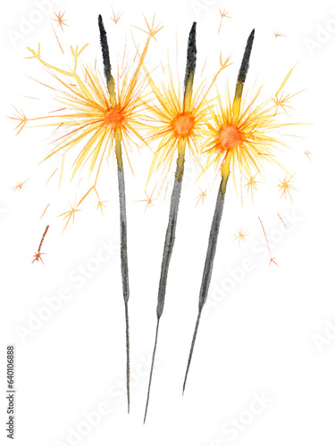 Watercolor illustration with three burning sparklers isolated on white background. Watercolor hand drawn Happy Birthday  Cristmas greeting card  postcard.