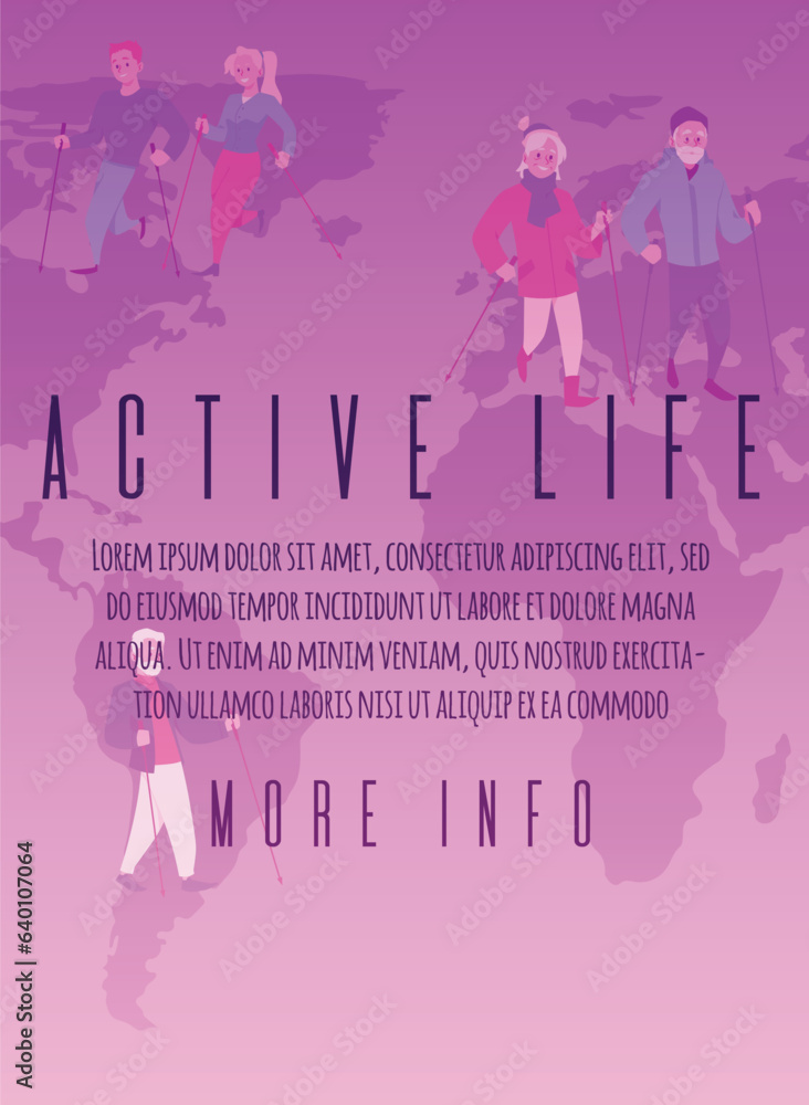 Young people and old couple performing nordic walking with sticks against of the world map, active life vector poster Young people and old couple performing nordic walking with sticks against of the world map, active life vector poster
