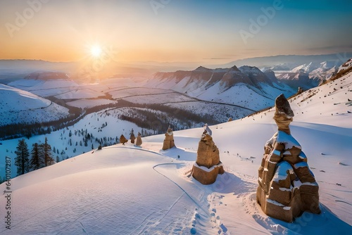 fairy chimneys on snowy and dry terrain on winter day in scenic rocky valley