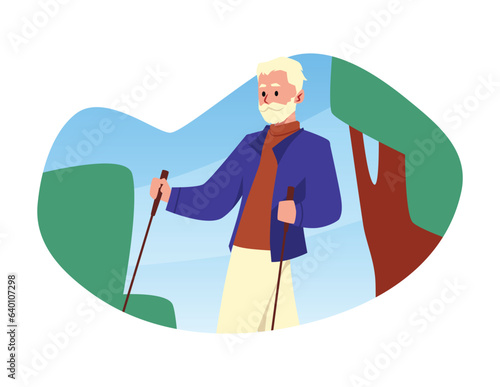 Active senior man performing nordic walking with sticks, retired grandfather exercise in park vector flat illustration