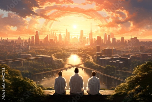 Three angels contemplating the holy city the New Jerusalem in the distance Generative AI Illustration