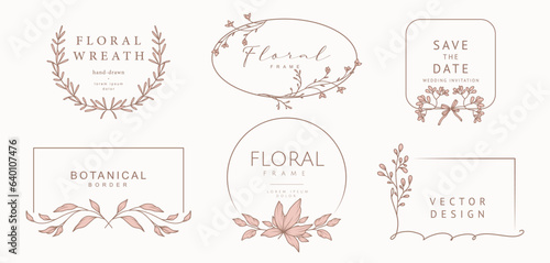 Hand drawn floral frames. Elegant vintage wreaths. Vector illustration, botanical decor elements for logo, label, corporate identity, branding, wedding invitation, greeting card, save the date