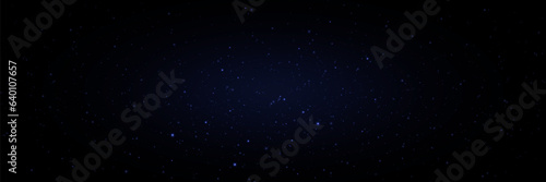 Shining stars glow on a dark sky background. Light glare and particles. Cosmic universe in blue. Vector illustration