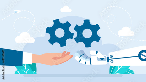 Human and Artificial Intelligence Cooperation. Human hand and a robot holding gears. Process automation. AI. Development and innovation in technology. Vector flat illustration.