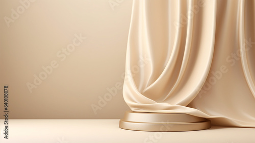 3D display podium  beige background with pedestal and flying color silk cloth curtain.