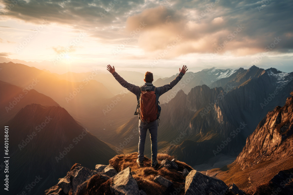 backpacker with his arms up on the mountain top backpacker with his arms up on the mountain top