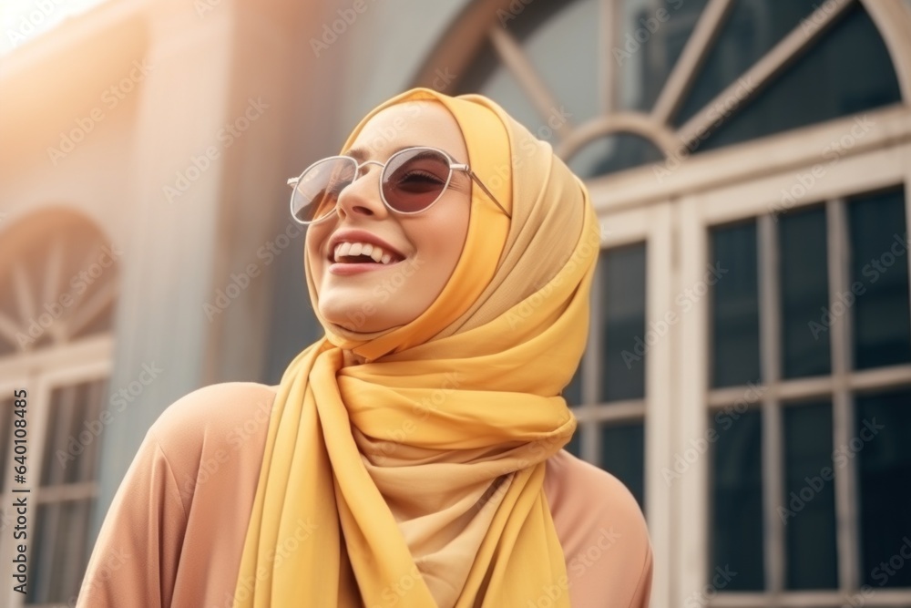 Young cheerful Arab woman wearing hijab and sunglasses Young cheerful Arab woman wearing hijab and sunglasses