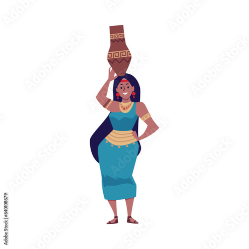 Happy Mayan woman holding vase above her head, flat vector illustration isolated on white background.