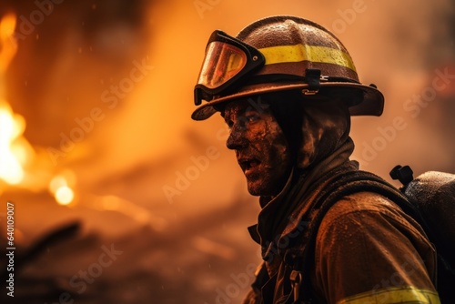 Portrait of a firefighter battling against raging wildfire © Jan