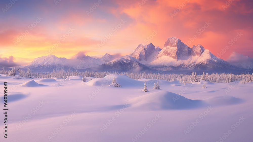 Sunset in the mountains in winter. AI