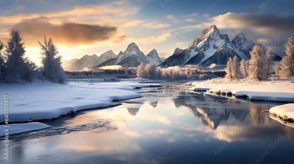Winter landscape with mountains, river and snow. AI	