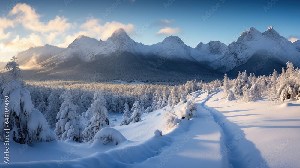 Winter landscape with mountains and snow. AI	