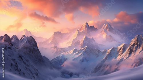 Sunset in the mountains in winter. AI