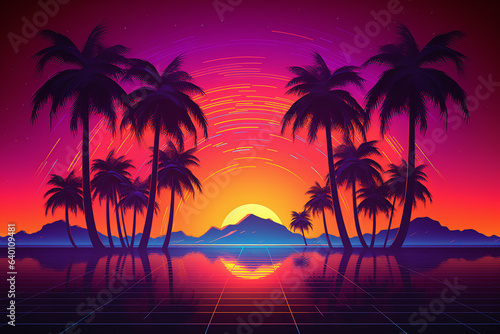 Vaporwave retro style 3D landscape with laser grid, row of palm trees and sun. Synthwave retro background - palm trees