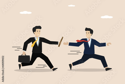 Business baton passing, job handover or teamwork to win business concept, coworkers passing the baton while running at full speed to achieve success together.