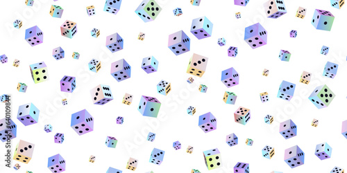 Gambling dice. Seamless pattern of polyhedral game cubes in gradient color with black dots on white. To play in casino, roll dice from one to six points with random numbers. Good luck concept. Vector