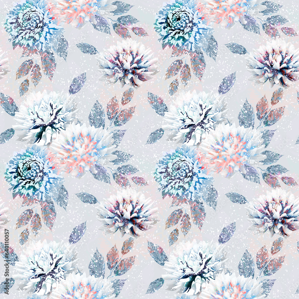 Seamless retro floral pattern with watercolor effect. White, coral, light blue flowers on a light gray background.
