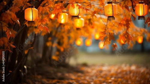 Glowing lanterns among the falling orange leaves.cool wallpaper 