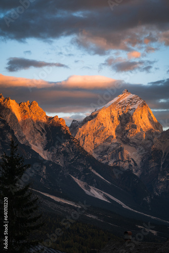 High angle of orange mountain peak at sunset in The Dolomites South Tyrol Italy