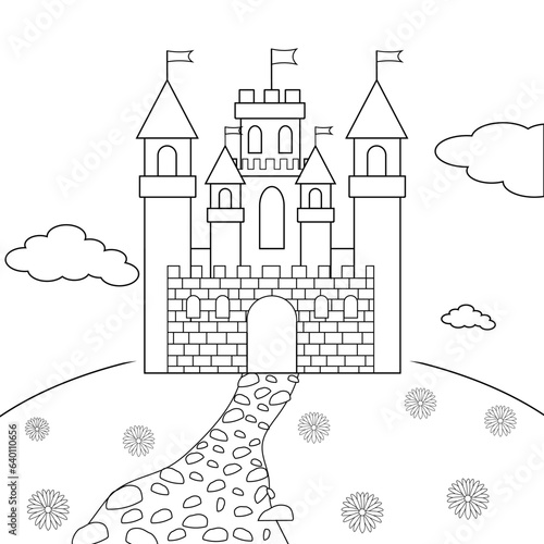 Vector contour illustration, line drawing, sketch. Developing coloring page fabulous castle on a hill.
