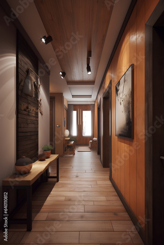 Eco style hallway interior in modern house.