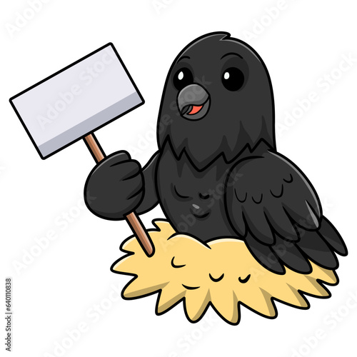 Cute crow bird cartoon holding blank sign