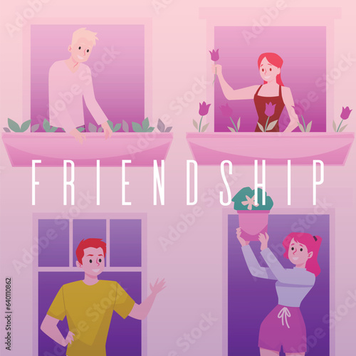 Neighbors greeting each other from balconies and windows, friendship concept poster, flat vector illustration.