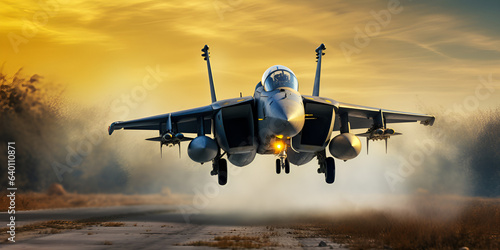 Combat military fighter rapidly takes off at high speed at sunset photo