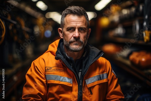 Portrait of a car mechanic, adult man in orange uniform stands in a warehouse