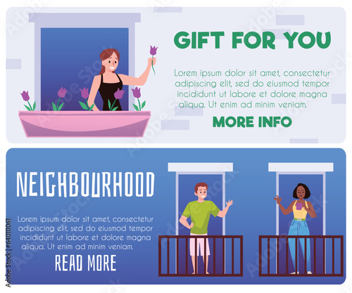 Friendly neighborhood web banners set, flat vector illustration.