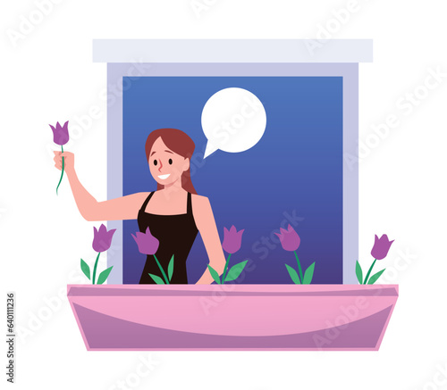 Smiling woman growing tulips on window, empty speech bubble, flat vector illustration isolated on white background.