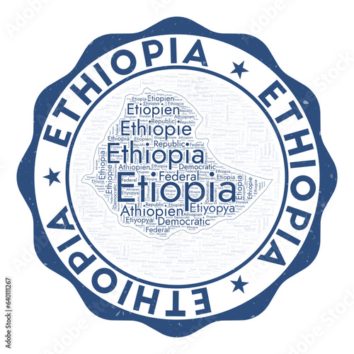 Ethiopia logo. Authentic country badge with word cloud in the shape of Ethiopia. Round emblem with country name. Powerful vector illustration.