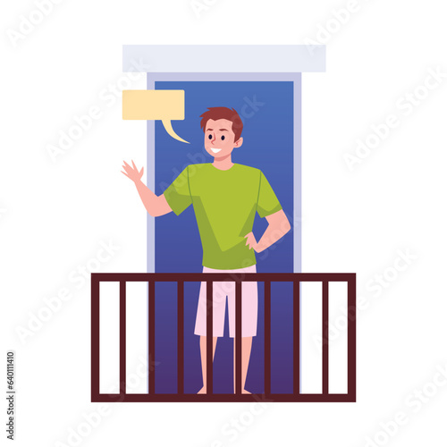 Young man standing on balcony with empty speech bubble, flat vector illustration isolated on white background.