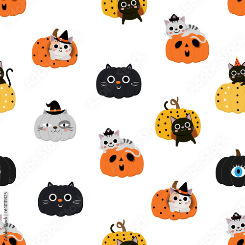 Cute  cat and spooky pumpkin seamless pattern and background. Halloween holidays cartoon character. -vector