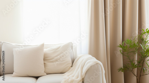 A close-up of a minimalist living room curtains, with a neutral color scheme.